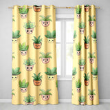 Cute Kawaii Smiling Plant Pots Leaves Seamless Pattern Yellow Background  Readymade Eyelet Ring Top Thermal 100% Blackout Curtains