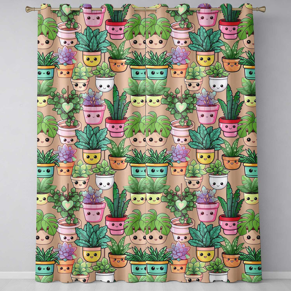 Cute Kawaii Smiling Plant Pots Succulents Leaves  Pattern Peach Background  Readymade Eyelet Ring Top Thermal 100% Blackout Curtains