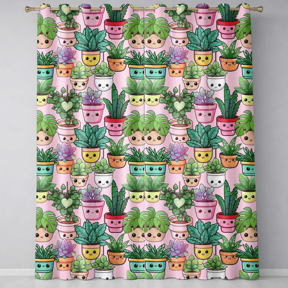 Cute Kawaii Smiling Plant Pots Succulents Leaves  Pattern Blush Background  Readymade Eyelet Ring Top Thermal 100% Blackout Curtains