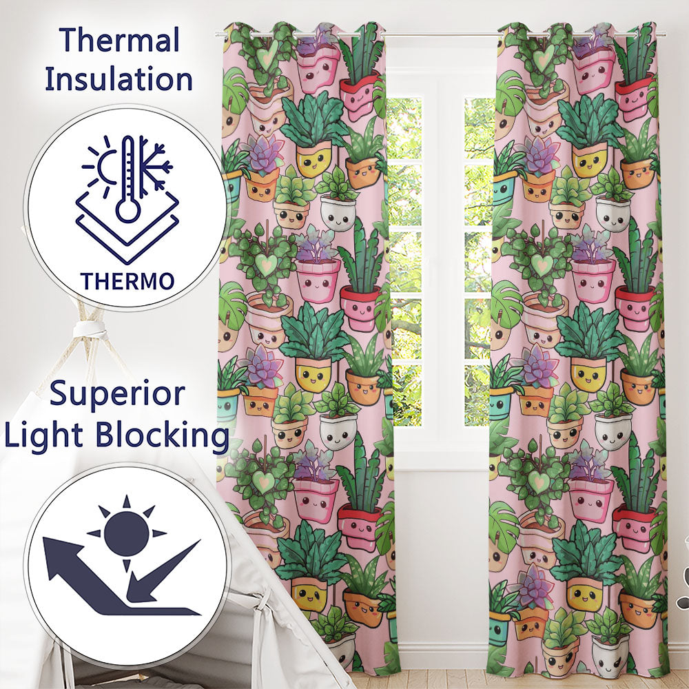Cute Kawaii Smiling Plant Pots Succulents Leaves  Pattern Blush Background  Readymade Eyelet Ring Top Thermal 100% Blackout Curtains