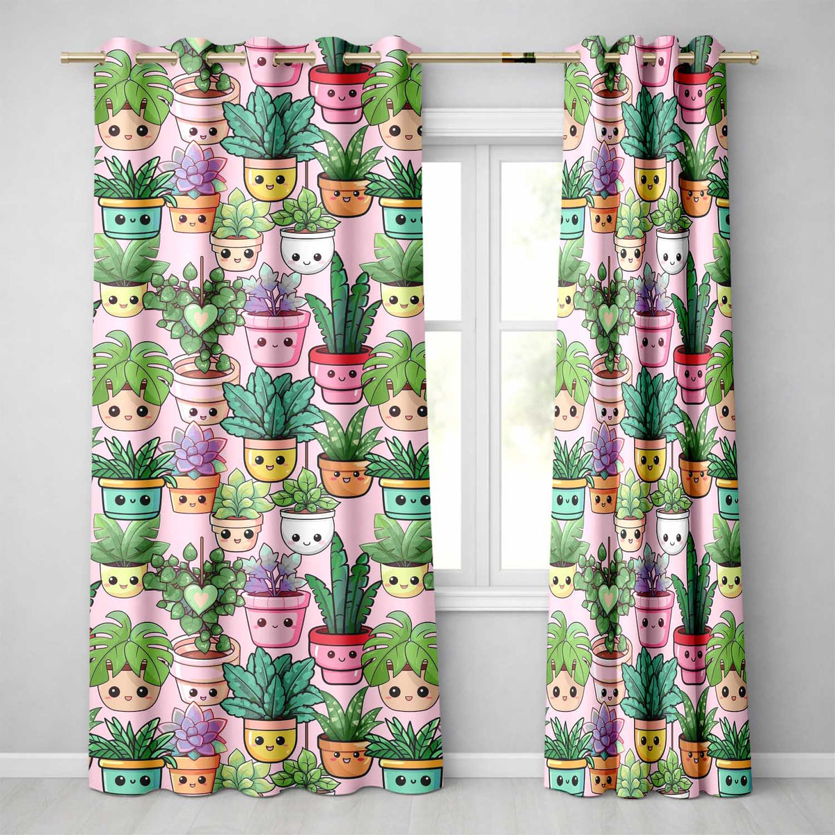 Cute Kawaii Smiling Plant Pots Succulents Leaves  Pattern Blush Background  Readymade Eyelet Ring Top Thermal 100% Blackout Curtains
