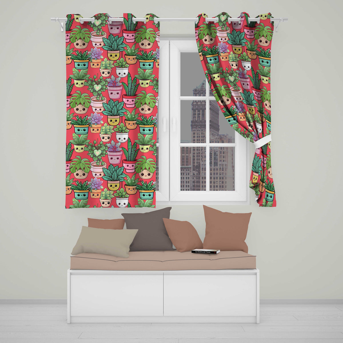 Cute Kawaii Smiling Plant Pots Succulents Leaves  Pattern Red Background  Readymade Eyelet Ring Top Thermal 100% Blackout Curtains