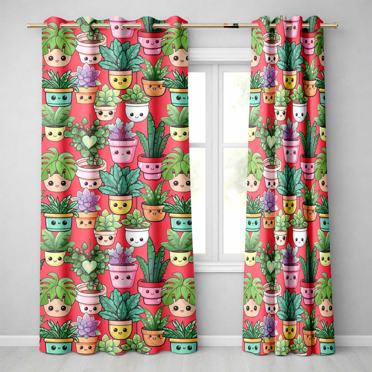 Cute Kawaii Smiling Plant Pots Succulents Leaves  Pattern Red Background  Readymade Eyelet Ring Top Thermal 100% Blackout Curtains