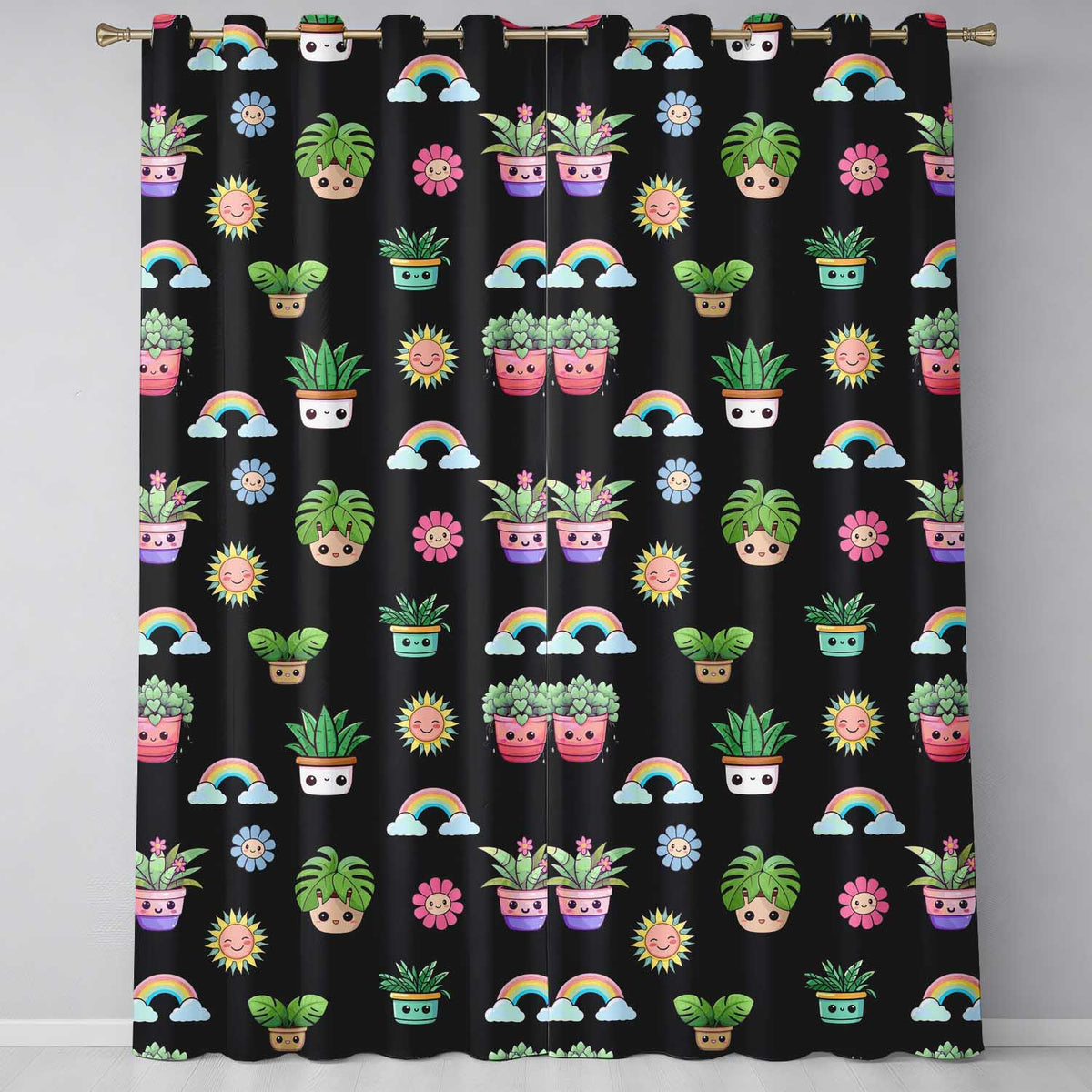 Cute Kawaii Rainbow Sun Flowers Plant Pots Seamless Pattern Black Background  Readymade Eyelet Ring Top Thermal 100% Blackout Curtains