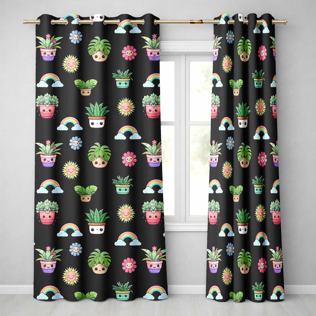 Cute Kawaii Rainbow Sun Flowers Plant Pots Seamless Pattern Black Background  Readymade Eyelet Ring Top Thermal 100% Blackout Curtains