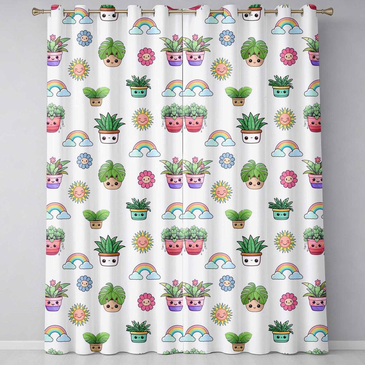 Cute Kawaii Rainbow Sun Flowers Plant Pots Seamless Pattern Grey Background  Readymade Eyelet Ring Top Thermal 100% Blackout Curtains