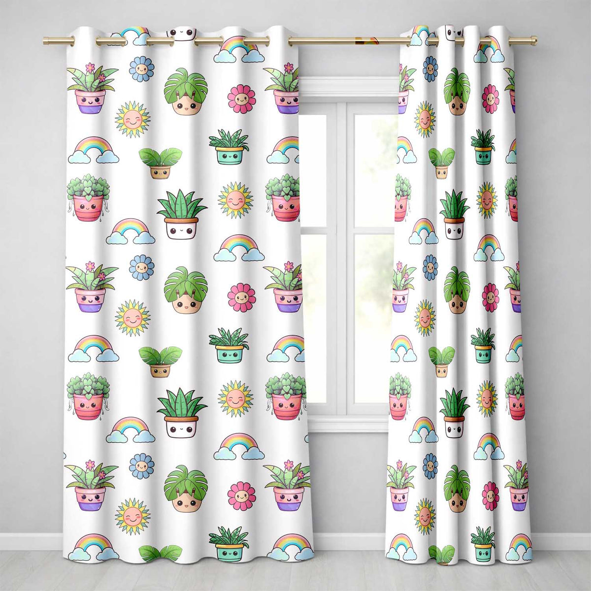Cute Kawaii Rainbow Sun Flowers Plant Pots Seamless Pattern Grey Background  Readymade Eyelet Ring Top Thermal 100% Blackout Curtains