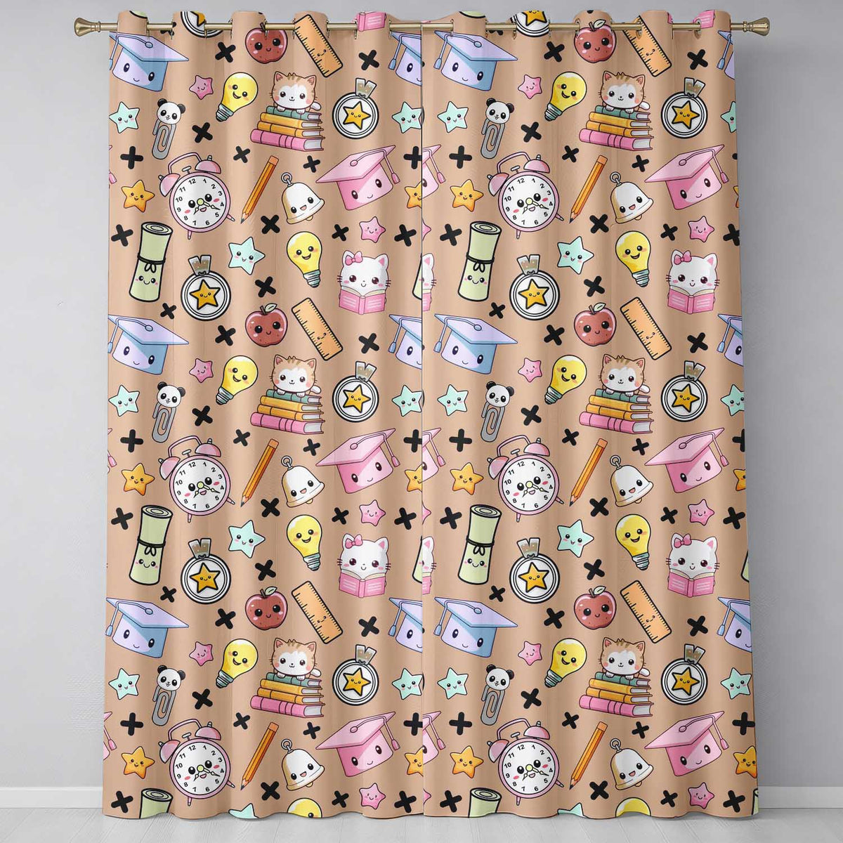 Cute Kawaii School Cat Books Apple Clock Supplies  Pattern Peach Background  Readymade Eyelet Ring Top Thermal 100% Blackout Curtains