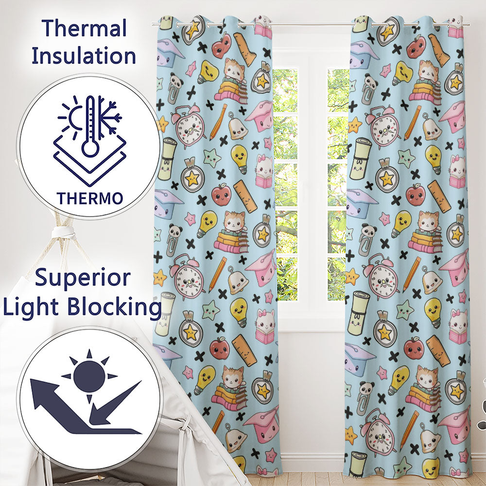 Cute Kawaii School Cat Books Apple Clock Supplies  Pattern Blue Background  Readymade Eyelet Ring Top Thermal 100% Blackout Curtains