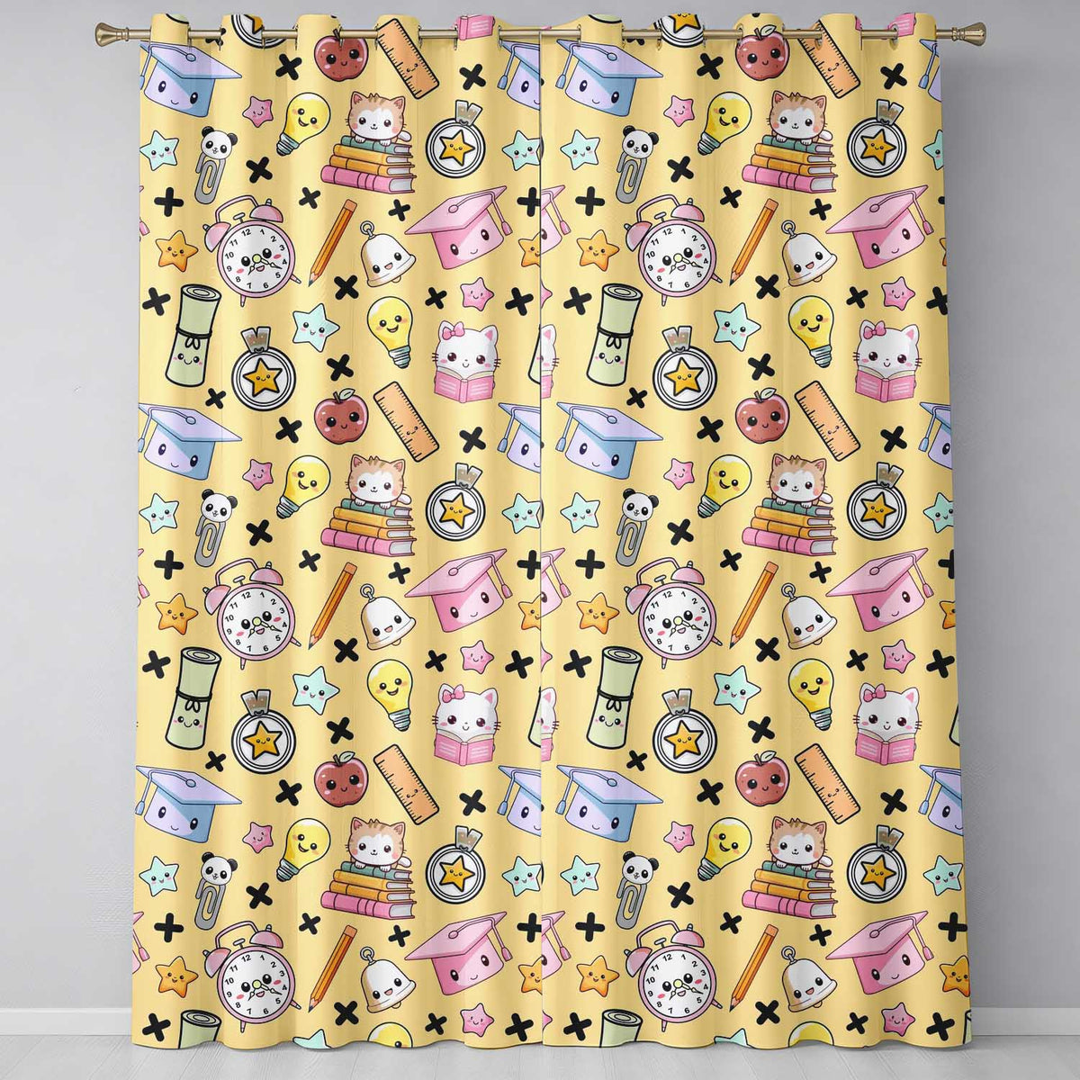 Cute Kawaii School Cat Books Apple Clock Supplies  Pattern Yellow Background  Readymade Eyelet Ring Top Thermal 100% Blackout Curtains
