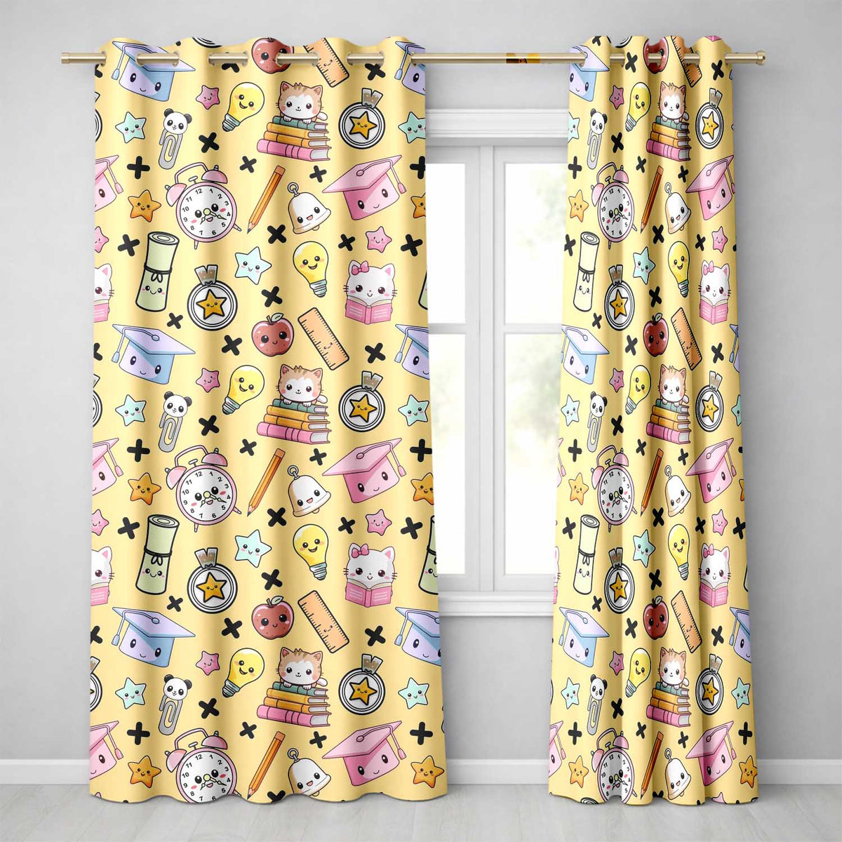 Cute Kawaii School Cat Books Apple Clock Supplies  Pattern Yellow Background  Readymade Eyelet Ring Top Thermal 100% Blackout Curtains