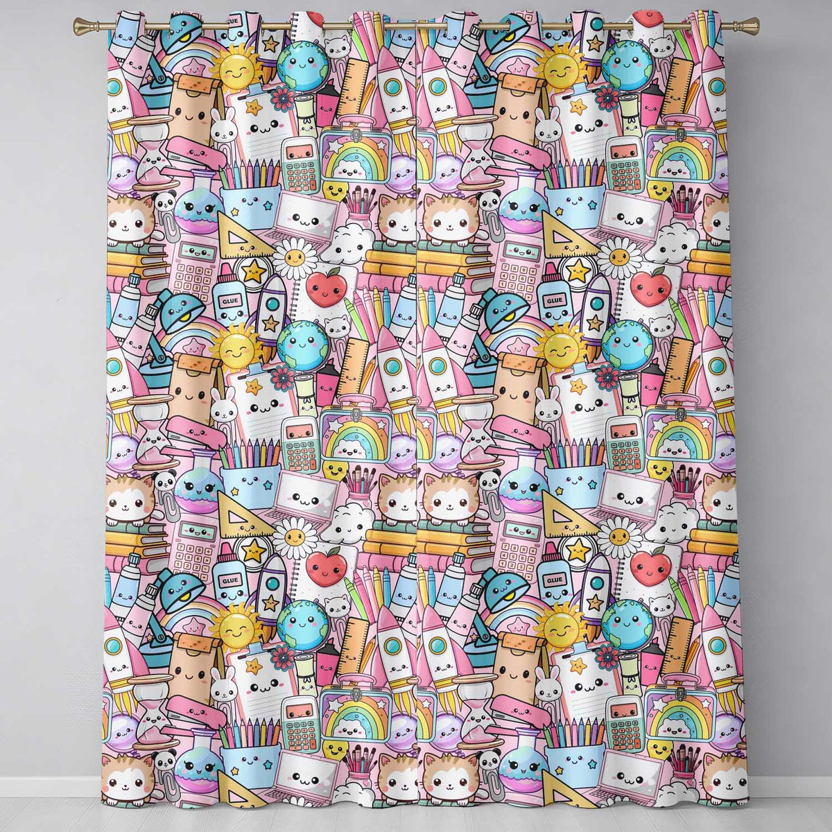 Cute Kawaii School Supplies Science Art Cute Pattern Pink Background  Readymade Eyelet Ring Top Thermal 100% Blackout Curtains