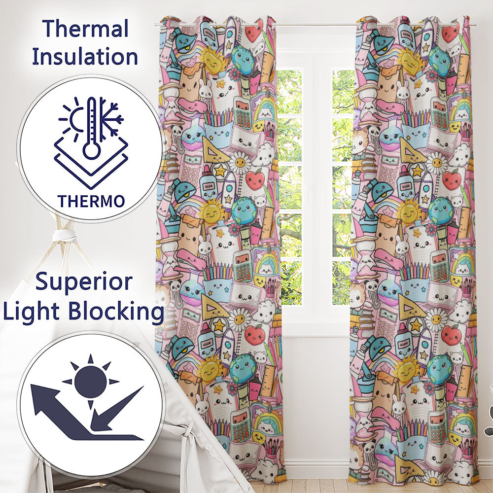 Cute Kawaii School Supplies Science Art Cute Pattern Pink Background  Readymade Eyelet Ring Top Thermal 100% Blackout Curtains