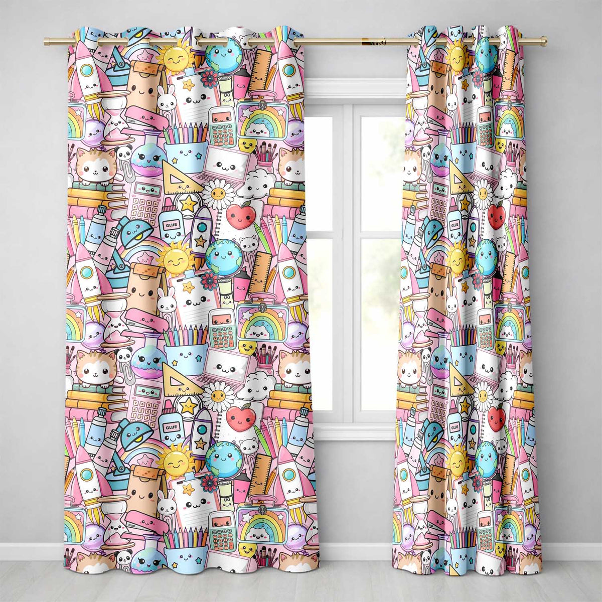 Cute Kawaii School Supplies Science Art Cute Pattern Pink Background  Readymade Eyelet Ring Top Thermal 100% Blackout Curtains
