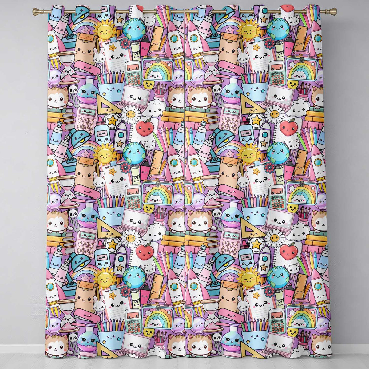 Cute Kawaii School Supplies Science Art Cute Pattern Purple Background  Readymade Eyelet Ring Top Thermal 100% Blackout Curtains