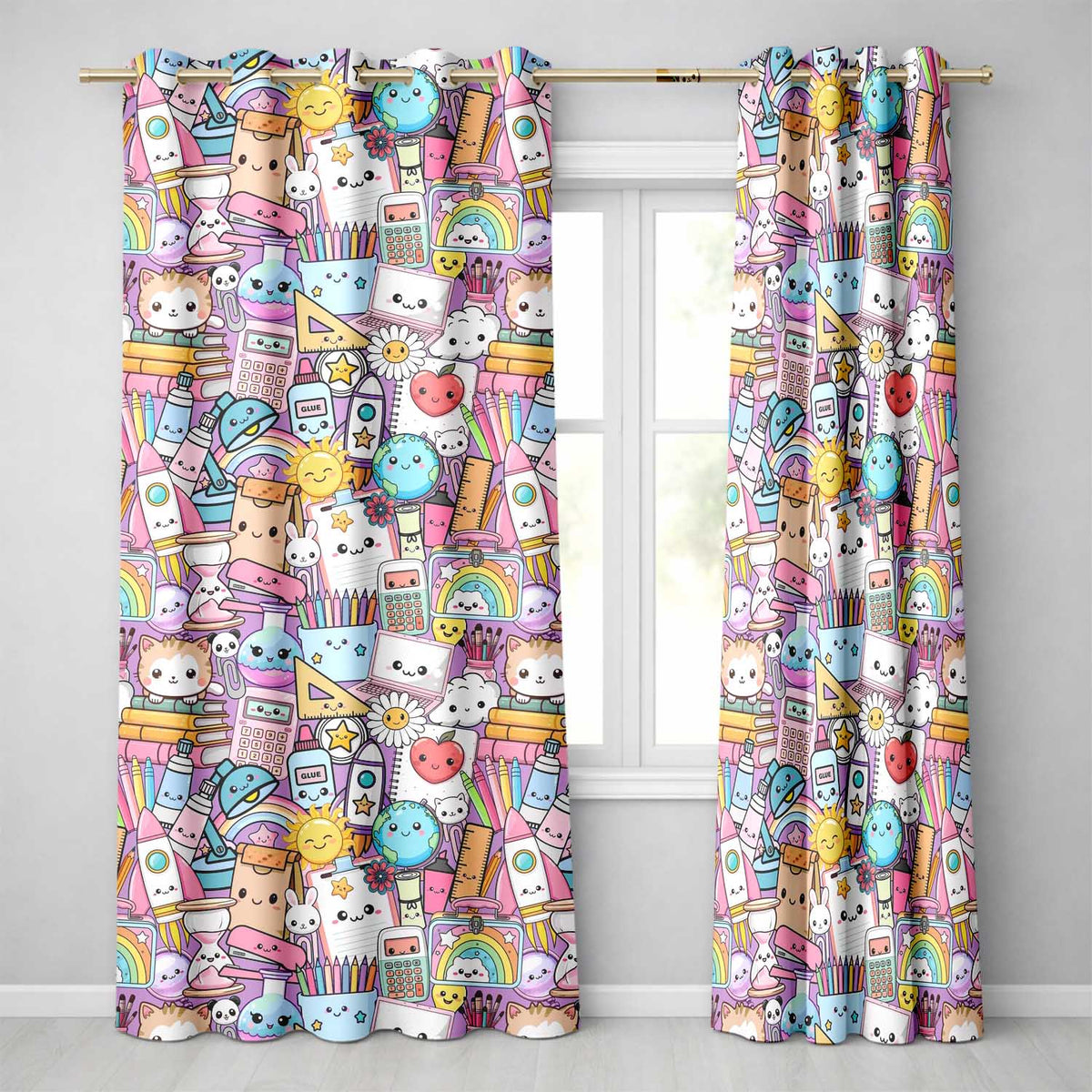 Cute Kawaii School Supplies Science Art Cute Pattern Purple Background  Readymade Eyelet Ring Top Thermal 100% Blackout Curtains