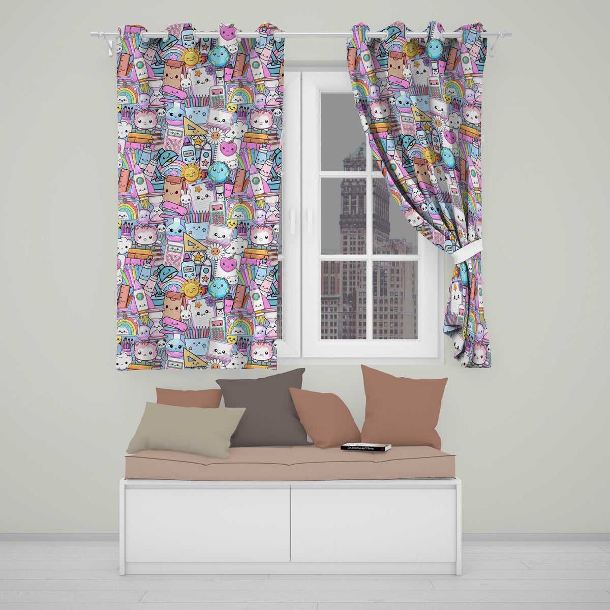Cute Kawaii School Supplies Science Art Cute Pattern Blue Background  Readymade Eyelet Ring Top Thermal 100% Blackout Curtains