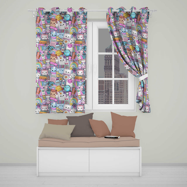 Cute Kawaii School Supplies Science Art Cute Pattern Blue Background  Readymade Eyelet Ring Top Thermal 100% Blackout Curtains