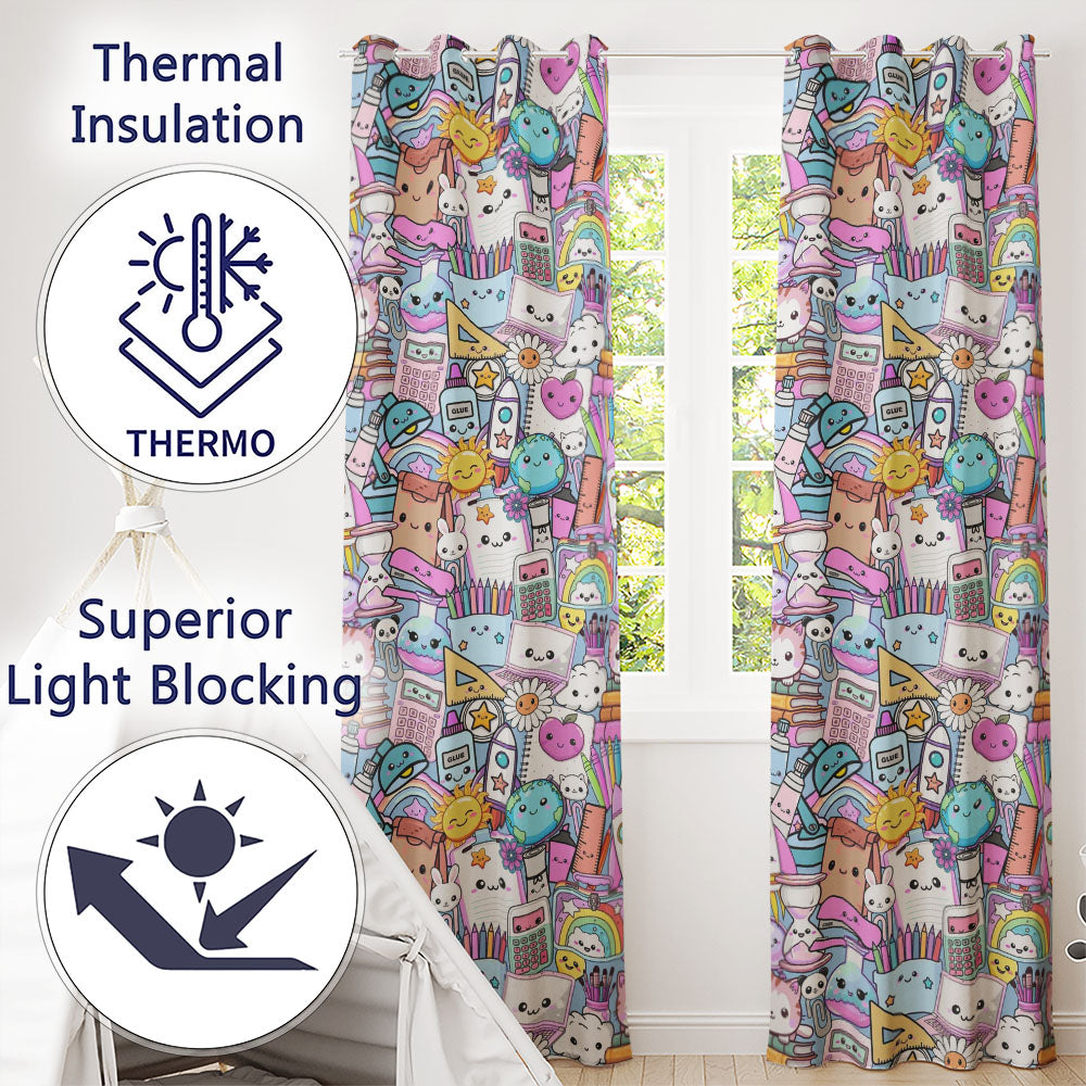 Cute Kawaii School Supplies Science Art Cute Pattern Blue Background  Readymade Eyelet Ring Top Thermal 100% Blackout Curtains