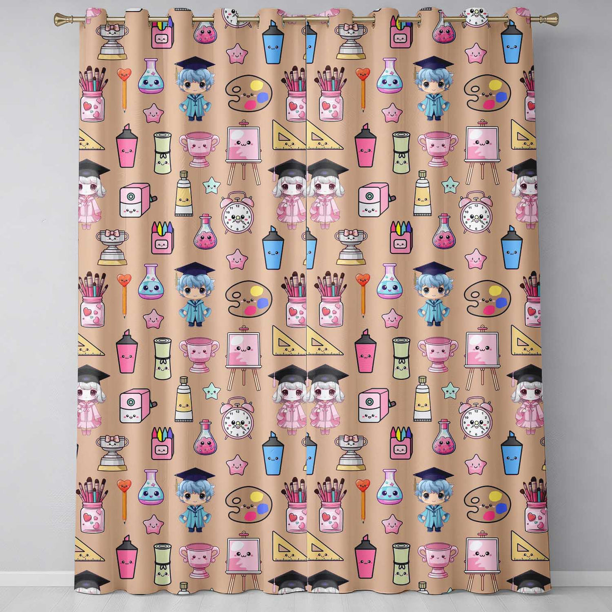 Cute Kawaii Graduate Boy Science Art Supplies Seamless Pattern Peach Background  Readymade Eyelet Ring Top Thermal 100% Blackout Curtains