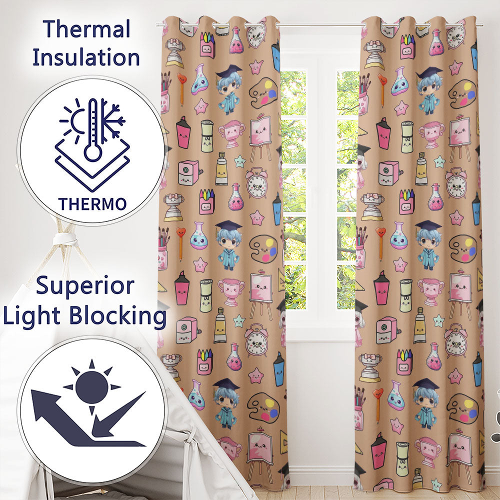 Cute Kawaii Graduate Boy Science Art Supplies Seamless Pattern Peach Background  Readymade Eyelet Ring Top Thermal 100% Blackout Curtains