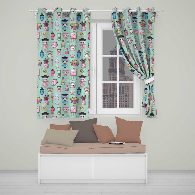 Cute Kawaii Graduate Boy Science Art Supplies Seamless Pattern Mint Background  Readymade Eyelet Ring Top Thermal 100% Blackout Curtains