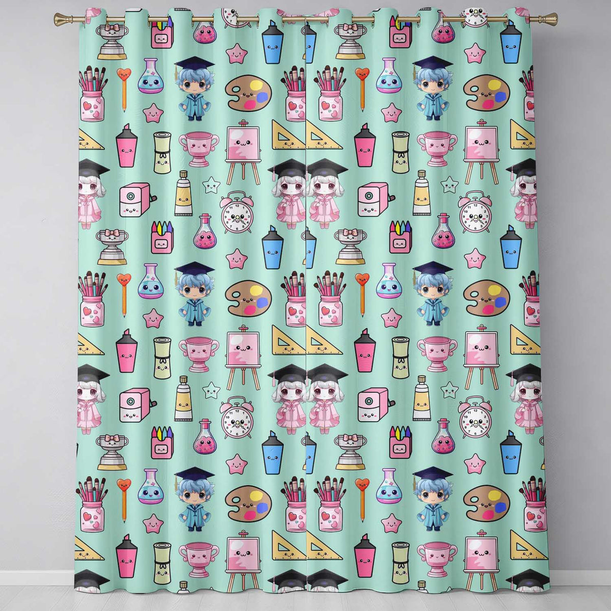 Cute Kawaii Graduate Boy Science Art Supplies Seamless Pattern Mint Background  Readymade Eyelet Ring Top Thermal 100% Blackout Curtains