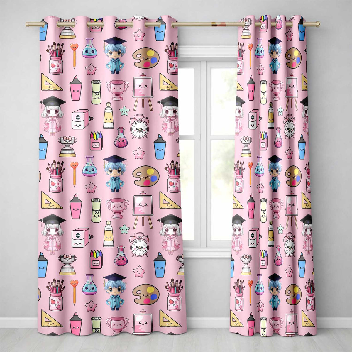 Cute Kawaii Graduation School Science Art Supplies  Pattern Pink Background  Readymade Eyelet Ring Top Thermal 100% Blackout Curtains
