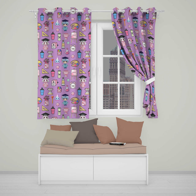 Cute Kawaii Graduation School Science Art Supplies  Pattern Purple Background  Readymade Eyelet Ring Top Thermal 100% Blackout Curtains