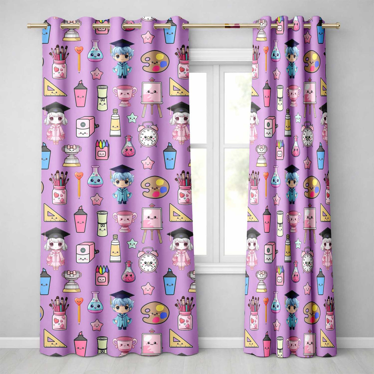 Cute Kawaii Graduation School Science Art Supplies  Pattern Purple Background  Readymade Eyelet Ring Top Thermal 100% Blackout Curtains