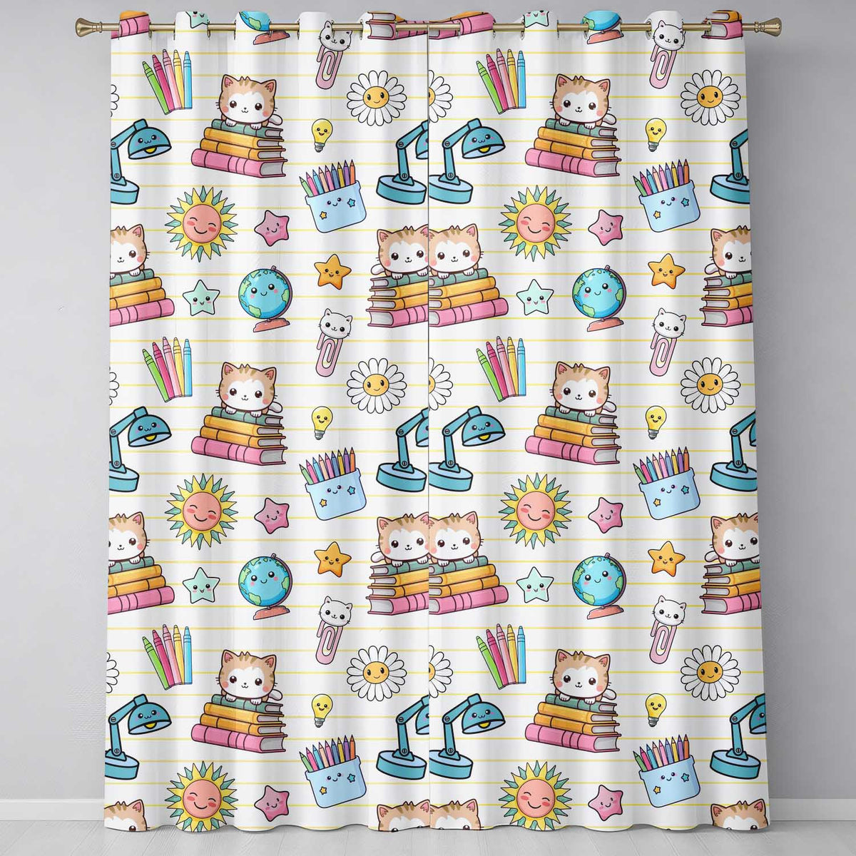 Cute Kawaii School Cat Books Stationery  Pattern Yellow Lines Background  Readymade Eyelet Ring Top Thermal 100% Blackout Curtains