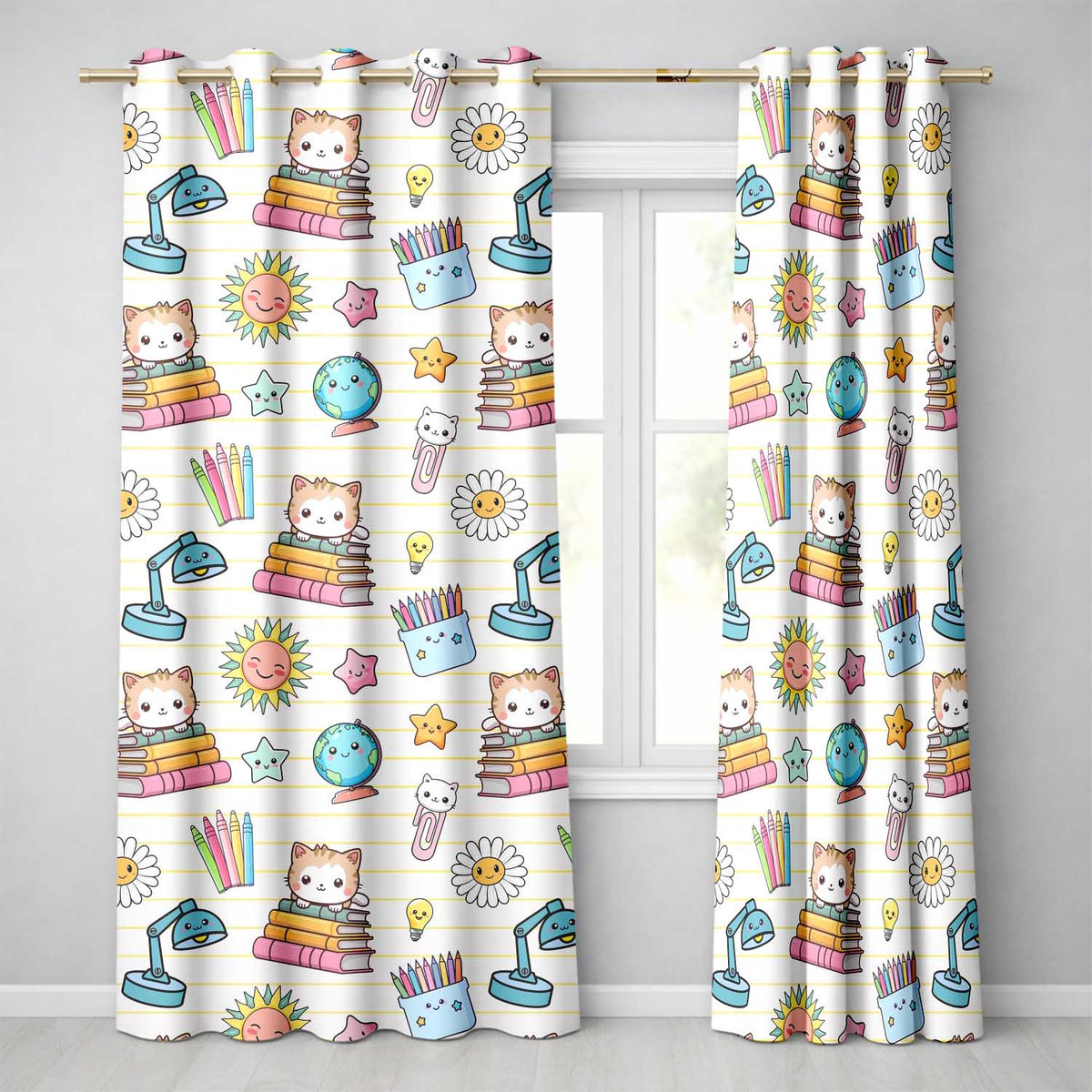 Cute Kawaii School Cat Books Stationery  Pattern Yellow Lines Background  Readymade Eyelet Ring Top Thermal 100% Blackout Curtains