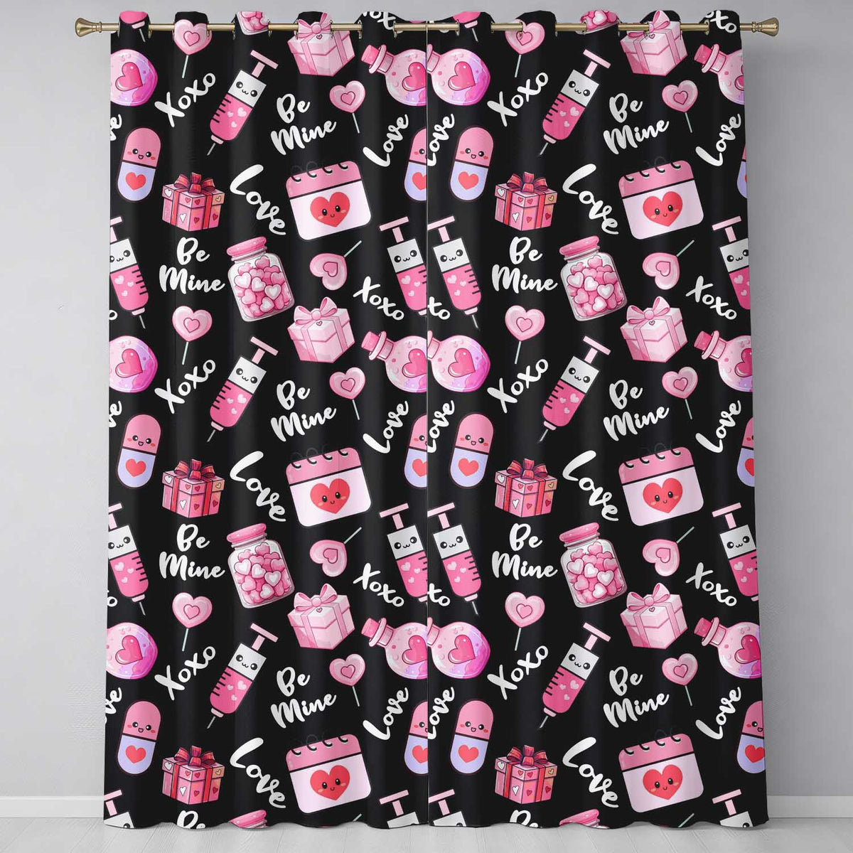 Cute Kawaii Valentine Love Hearts Syringe Gift Calendar   Black Background  Readymade Eyelet Ring Top Thermal 100% Blackout Curtains