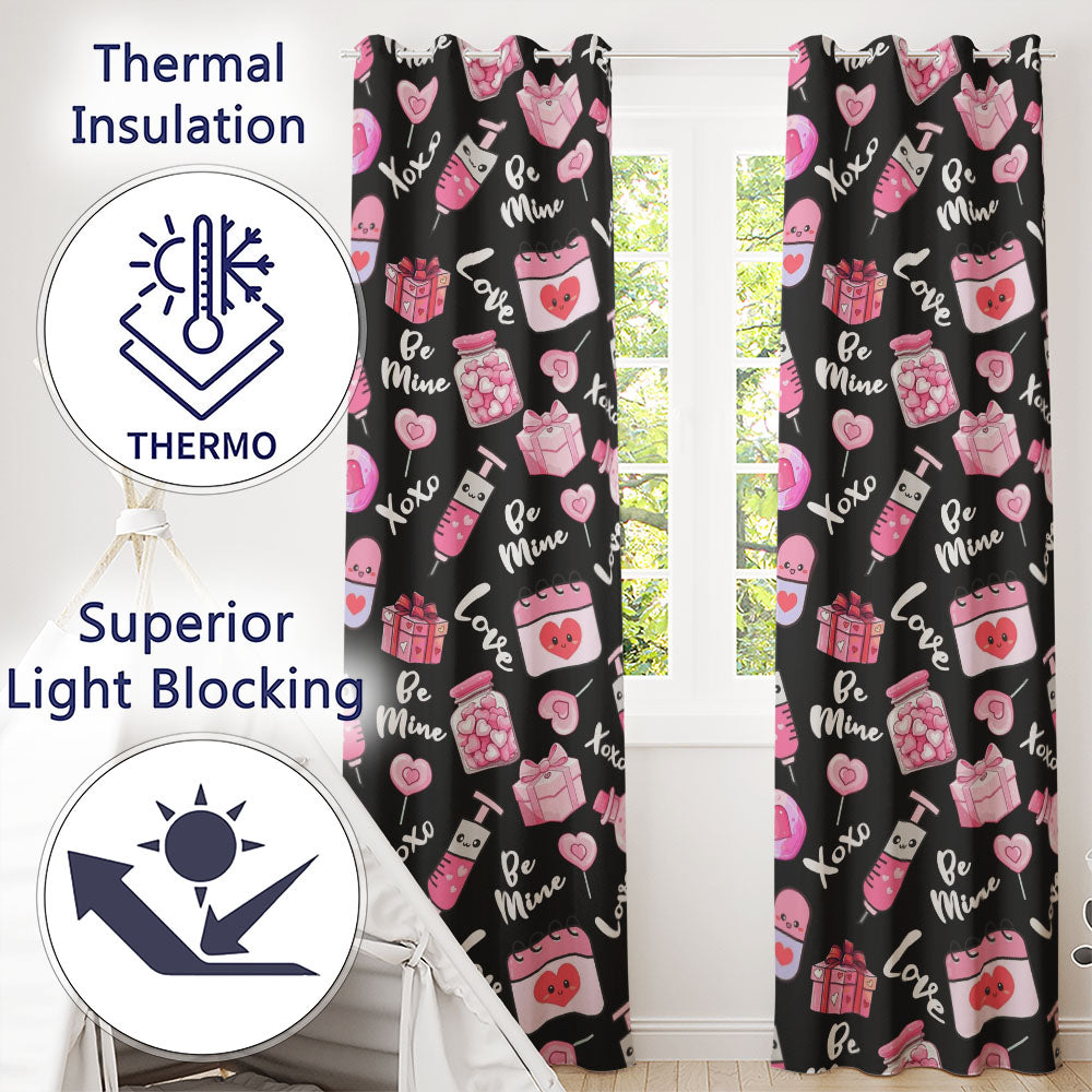 Cute Kawaii Valentine Love Hearts Syringe Gift Calendar   Black Background  Readymade Eyelet Ring Top Thermal 100% Blackout Curtains