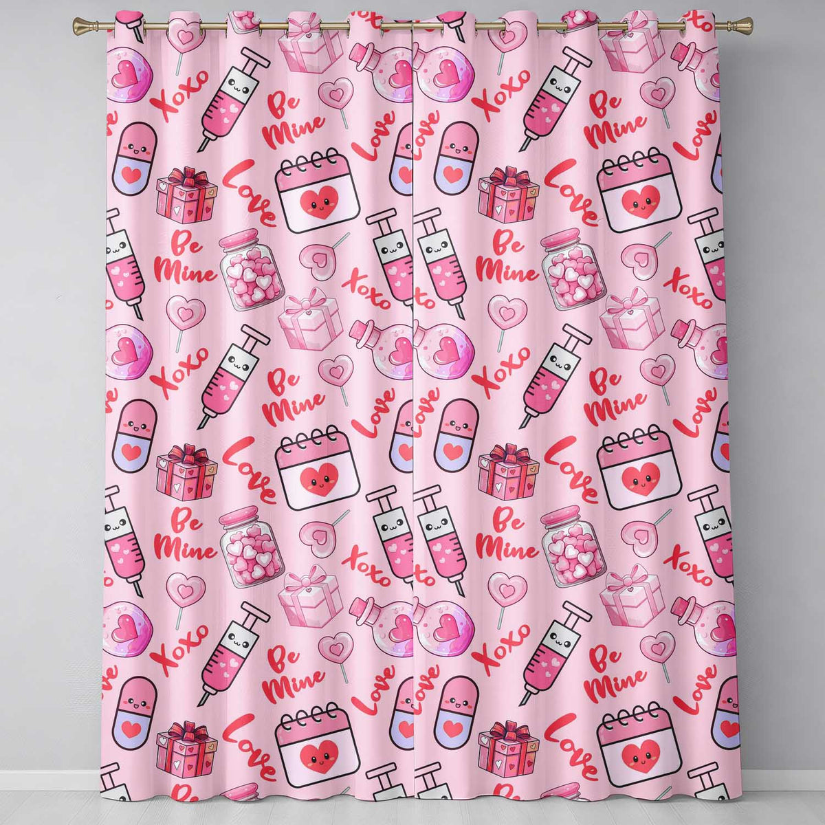 Cute Kawaii Valentine Love Hearts Syringe Gift Calendar   Pink Background  Readymade Eyelet Ring Top Thermal 100% Blackout Curtains