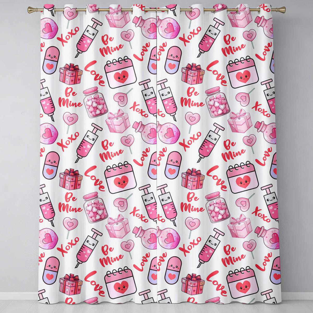 Cute Kawaii Valentine Love Hearts Syringe Gift Calendar   White Background  Readymade Eyelet Ring Top Thermal 100% Blackout Curtains