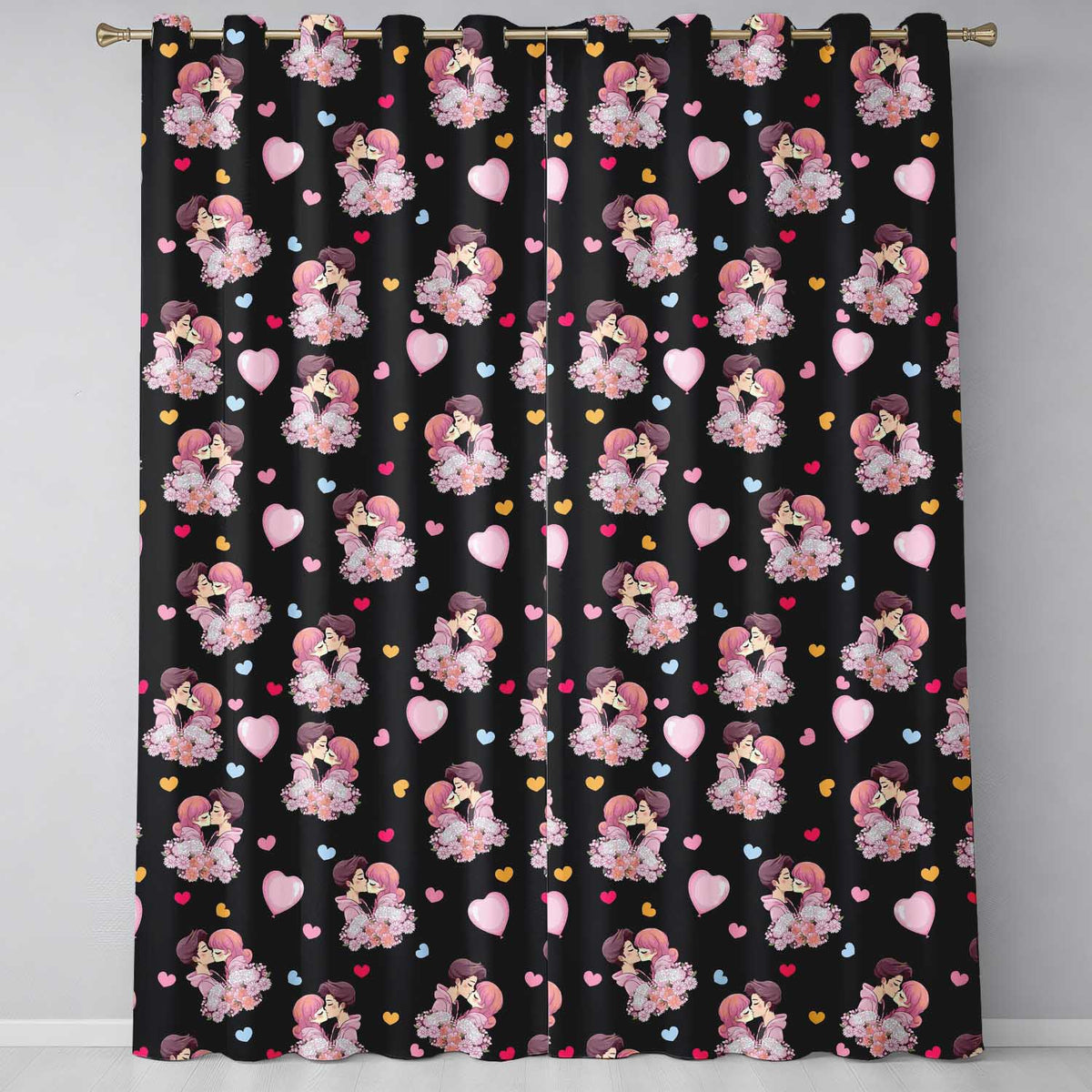 Romantic Couple Kissing Floral Bouquet Hearts Seamless Pattern Black Background  Readymade Eyelet Ring Top Thermal 100% Blackout Curtains