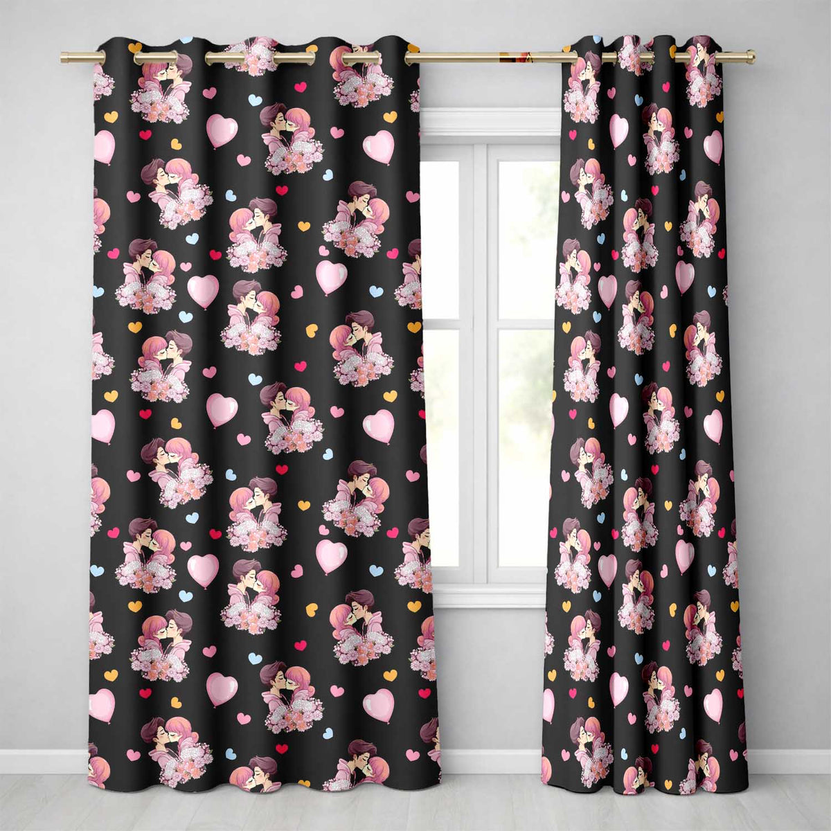 Romantic Couple Kissing Floral Bouquet Hearts Seamless Pattern Black Background  Readymade Eyelet Ring Top Thermal 100% Blackout Curtains