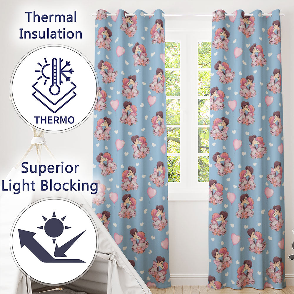 Romantic Couple Kissing Floral Bouquet Hearts Seamless Pattern Blue Background  Readymade Eyelet Ring Top Thermal 100% Blackout Curtains