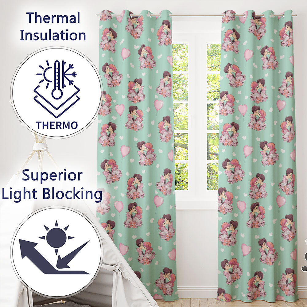 Romantic Couple Kissing Floral Bouquet Hearts  Pattern Mint Green Background  Readymade Eyelet Ring Top Thermal 100% Blackout Curtains