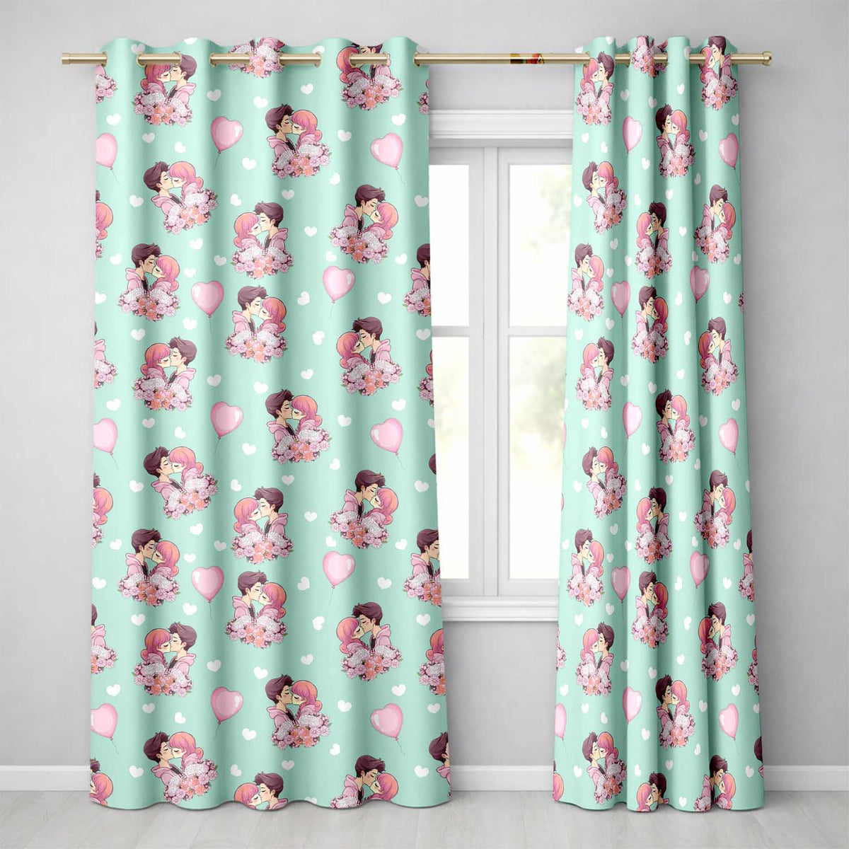 Romantic Couple Kissing Floral Bouquet Hearts  Pattern Mint Green Background  Readymade Eyelet Ring Top Thermal 100% Blackout Curtains