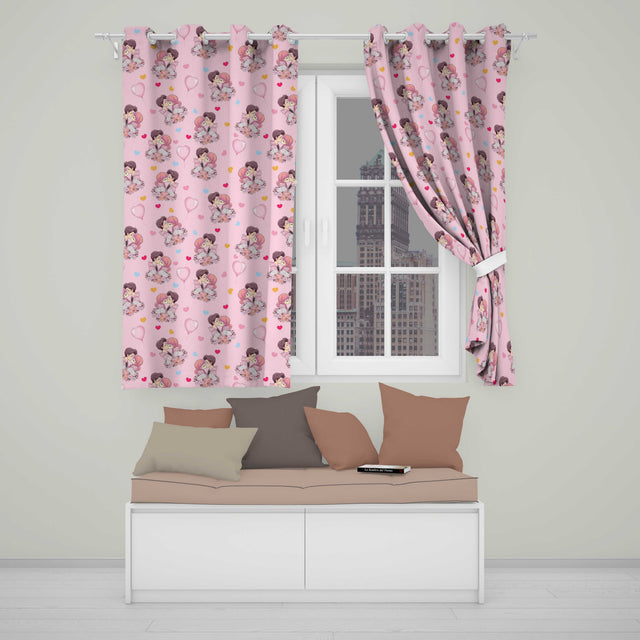 Romantic Couple Kissing Floral Bouquet Hearts  Pattern Pink Hearts Background  Readymade Eyelet Ring Top Thermal 100% Blackout Curtains