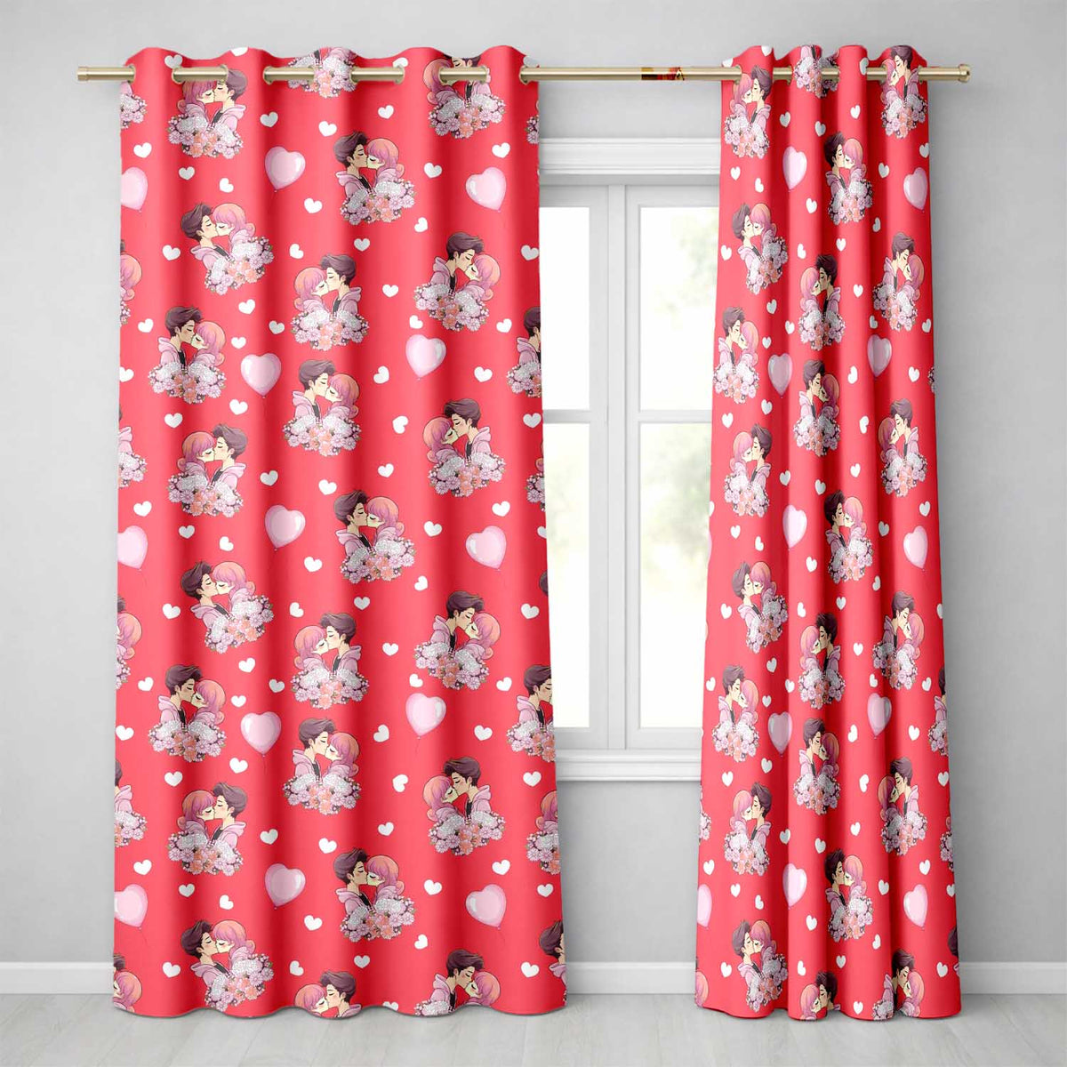 Romantic Couple Kissing Floral Bouquet Hearts Seamless Pattern White Background  Readymade Eyelet Ring Top Thermal 100% Blackout Curtains