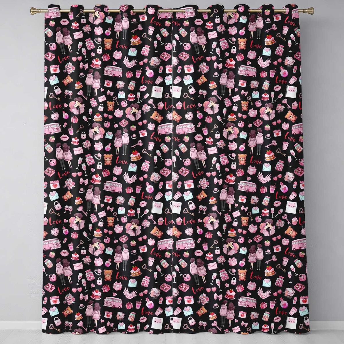 Cute Love  Couple Gifts Cakes Teddy Bear Seamless Pattern Black Background  Readymade Eyelet Ring Top Thermal 100% Blackout Curtains