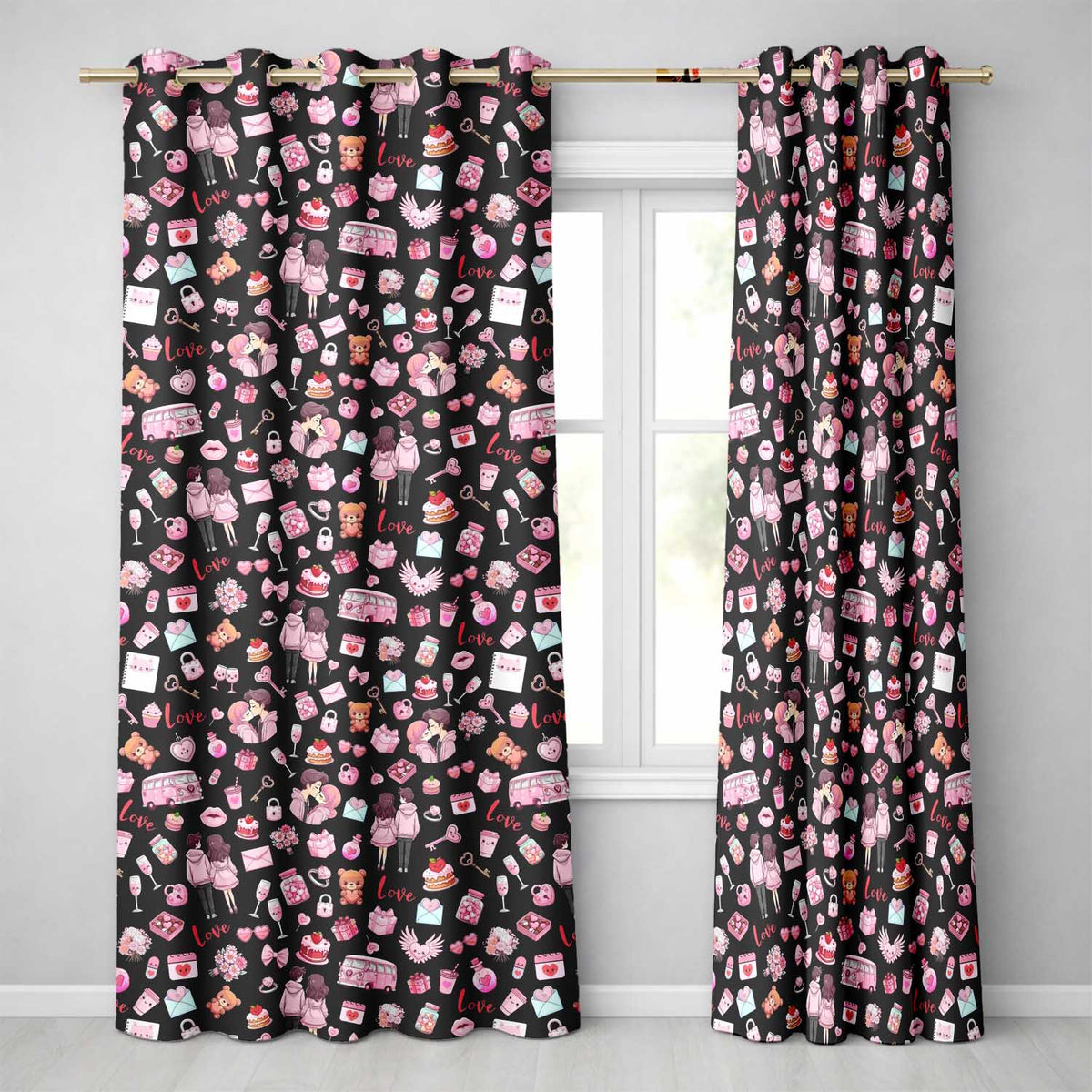 Cute Love  Couple Gifts Cakes Teddy Bear Seamless Pattern Black Background  Readymade Eyelet Ring Top Thermal 100% Blackout Curtains