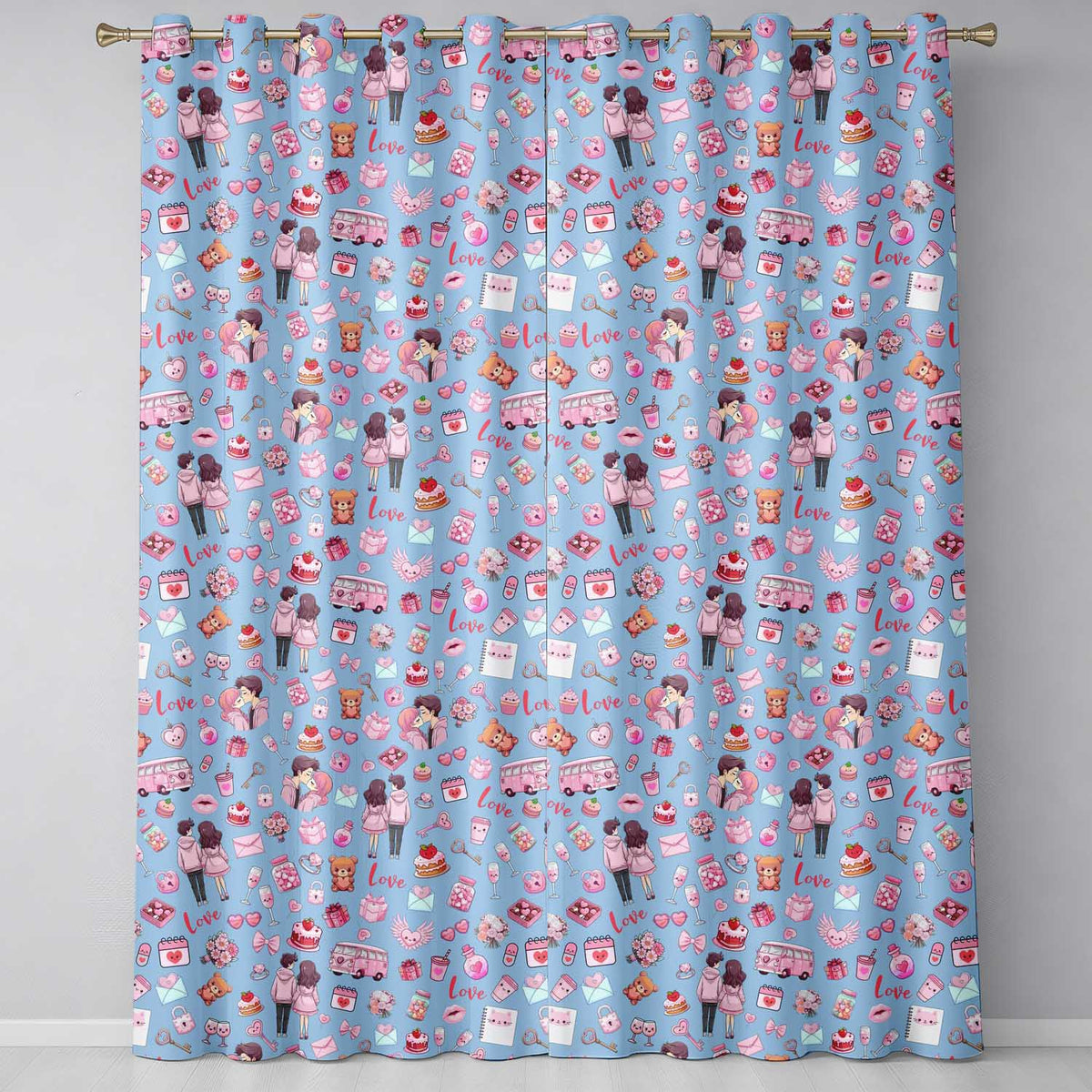 Cute Love  Couple Gifts Cakes Teddy Bear Seamless Pattern Blue Background  Readymade Eyelet Ring Top Thermal 100% Blackout Curtains