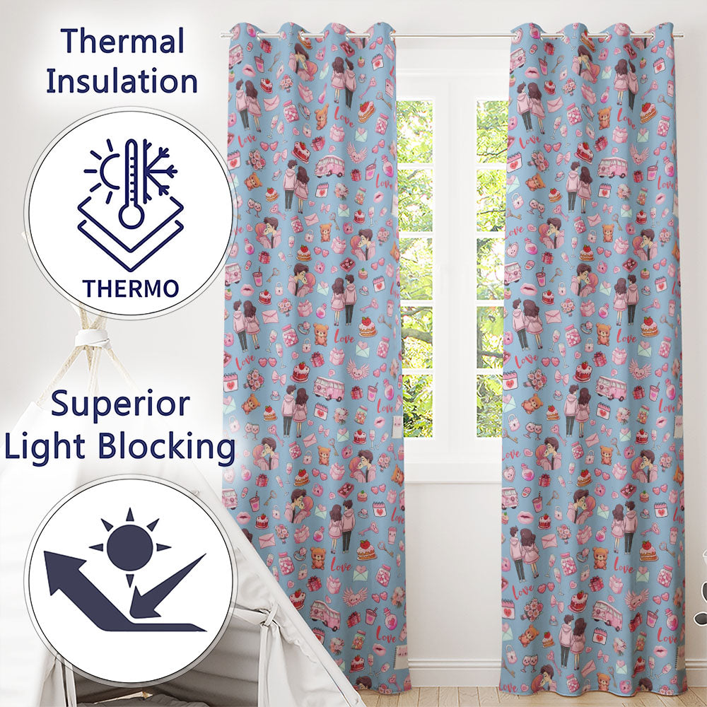 Cute Love  Couple Gifts Cakes Teddy Bear Seamless Pattern Blue Background  Readymade Eyelet Ring Top Thermal 100% Blackout Curtains