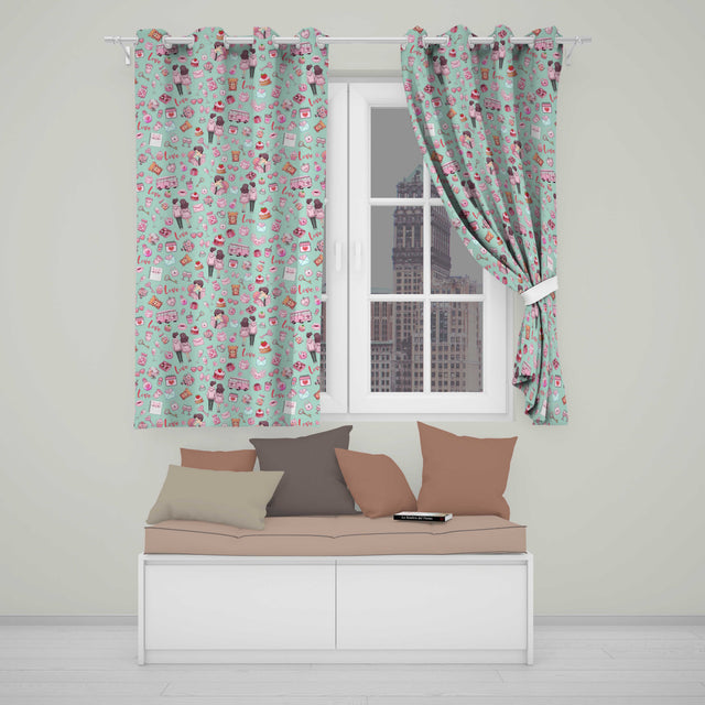 Cute Love  Couple Gifts Cakes Teddy Bear  Pattern Mint Green Background  Readymade Eyelet Ring Top Thermal 100% Blackout Curtains