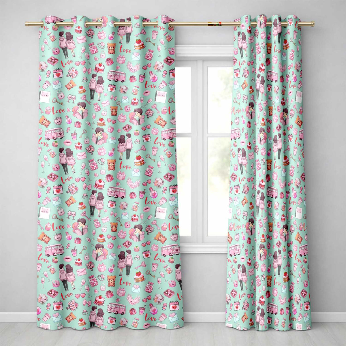 Cute Love  Couple Gifts Cakes Teddy Bear  Pattern Mint Green Background  Readymade Eyelet Ring Top Thermal 100% Blackout Curtains