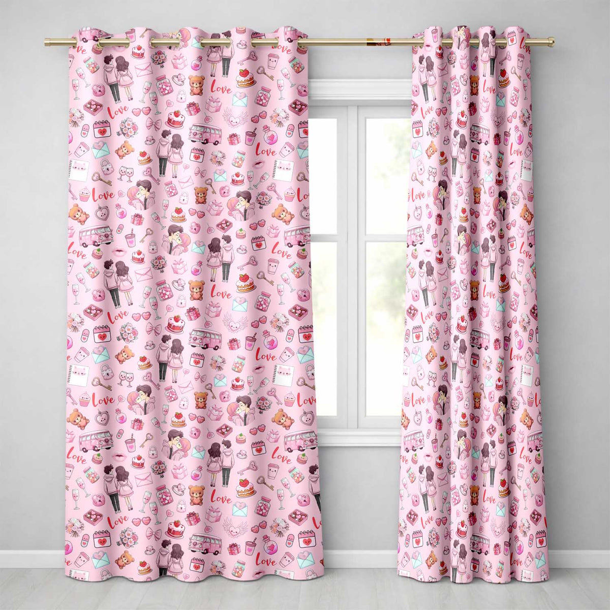 Cute Love  Couple Gifts Cakes Teddy Bear  Pattern Soft Pink Background  Readymade Eyelet Ring Top Thermal 100% Blackout Curtains
